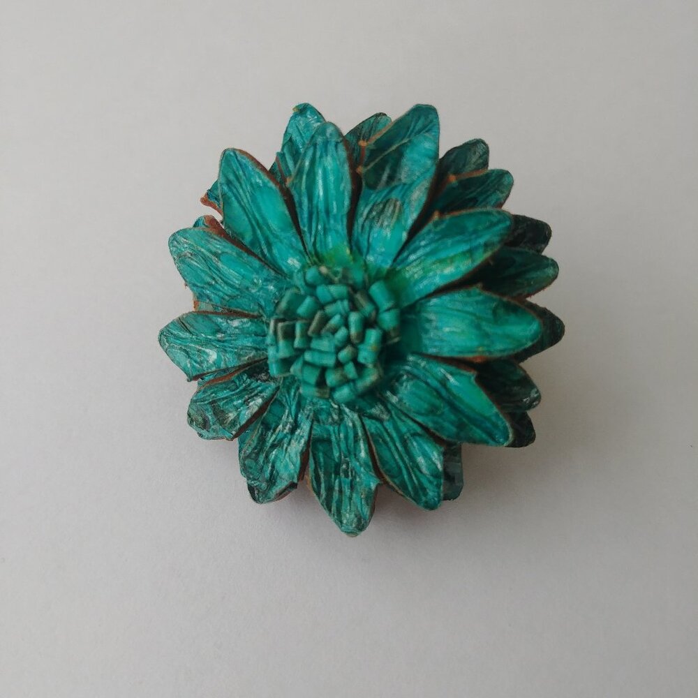 Turquoise teal painted leather flower ring